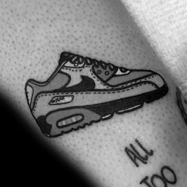 Tiny Mens Forearm Nike Sneaker Tattoo With Black And Grey Ink Design