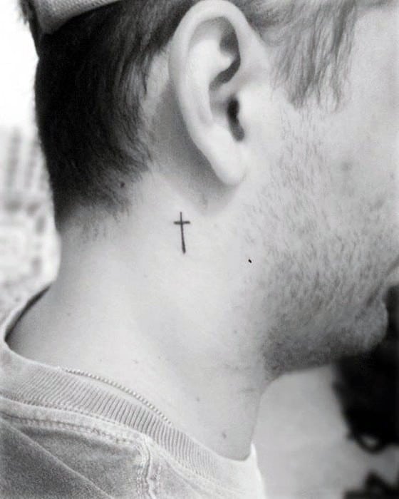 Tiny Small Mens Simple Neck Cross Tattoo