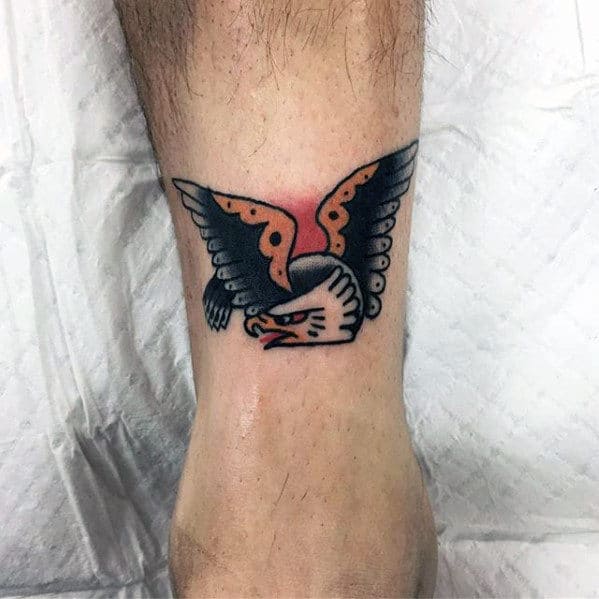 Tiny Small Mens Traditional Eagle Bird Back Of Leg Tattoo For Men