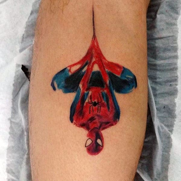 Tiny Spiderman Painting Tattoo Guys Forearms