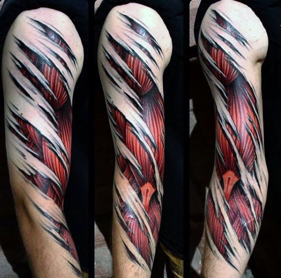 Torn Skin Guys Full Arm Muscle Tattoos