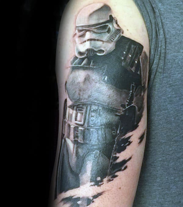Torn Skin Guys Stormtrooper Helmet On Darth Vader Tattoo