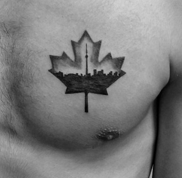 Toronto Skyline Maple Leaf Small Chest Tattoo Ideas For Guys