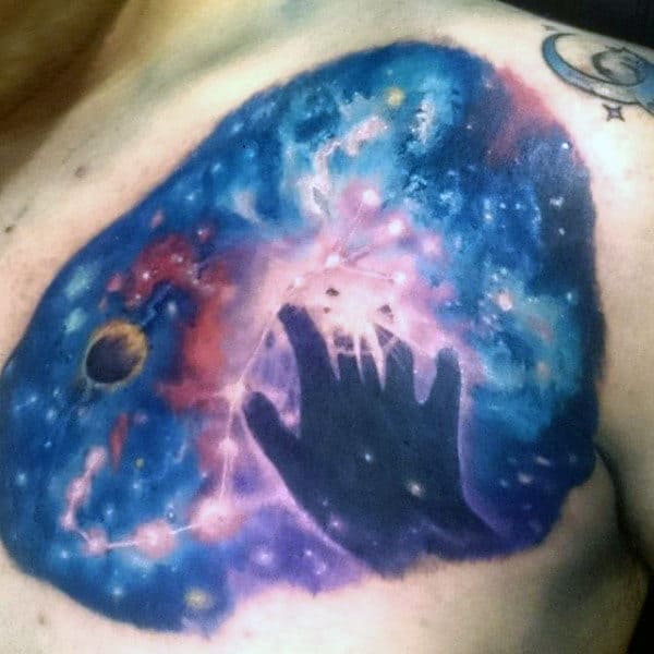Touching The Cosmos Tattoo On Chest For Guys