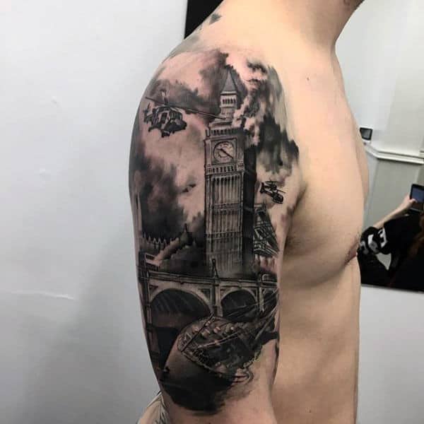 Tower Clock Creative Mens Half Sleeve Tattoo With Watercolor Background Designs