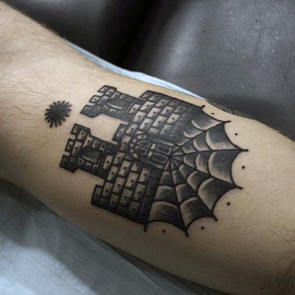 Traditional American Small Male Castle Tattoo In Black Ink On Arm