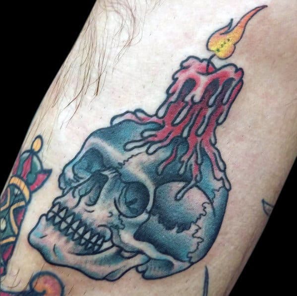 Traditional Arm Skull Candle Guys Tattoo Inspiration
