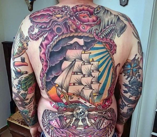 Traditional Back Mens Sailing Ship With Octopus Tattoos