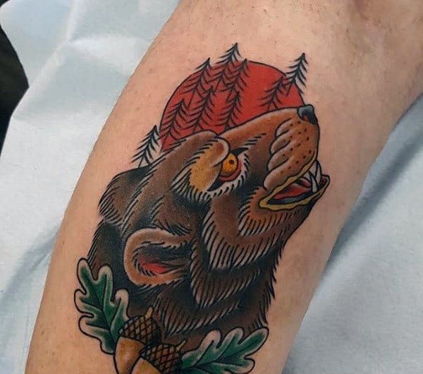 Traditional Bear In Woods Mens Arm Tattoo Ideas