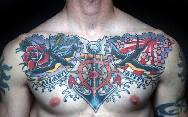 Traditional Birds Flying With Anchor Chest Tattoo For Men