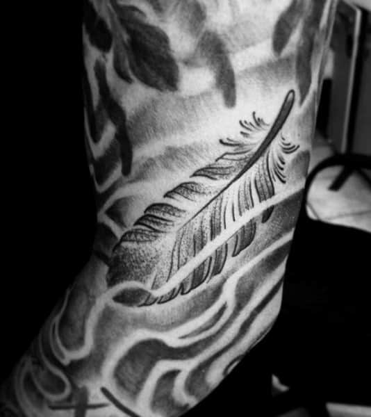 Traditional Black Feather Design Tattoo For Men On Arms