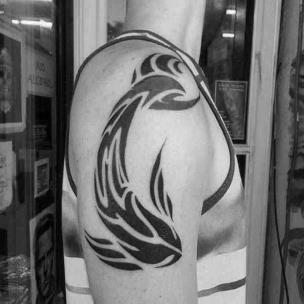Traditional Black Ink Tribal Fish Guys Arm Tattoos