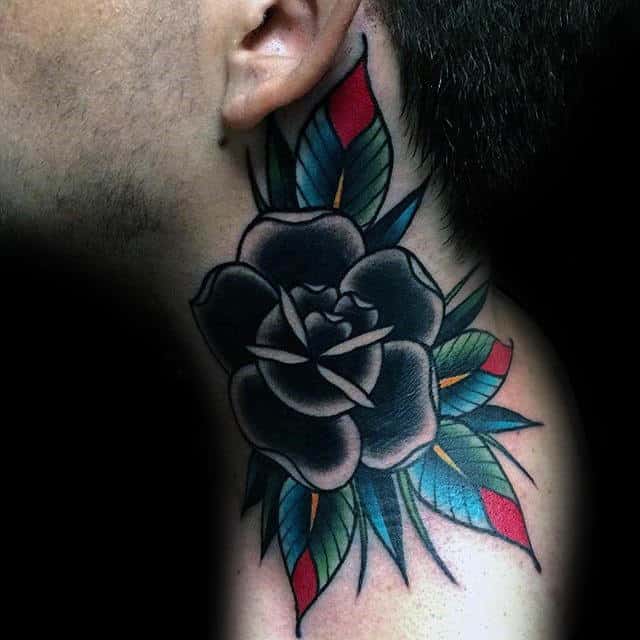 Traditional Black Rose Mens Neck Tattoos