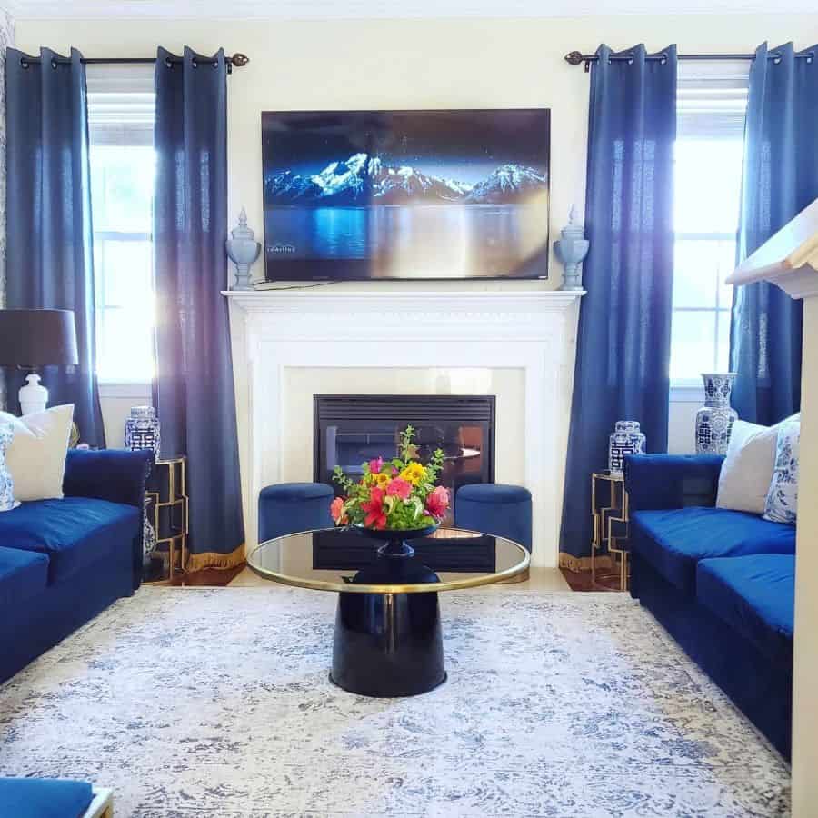 traditional blue living room gold accent furniture blue couch 