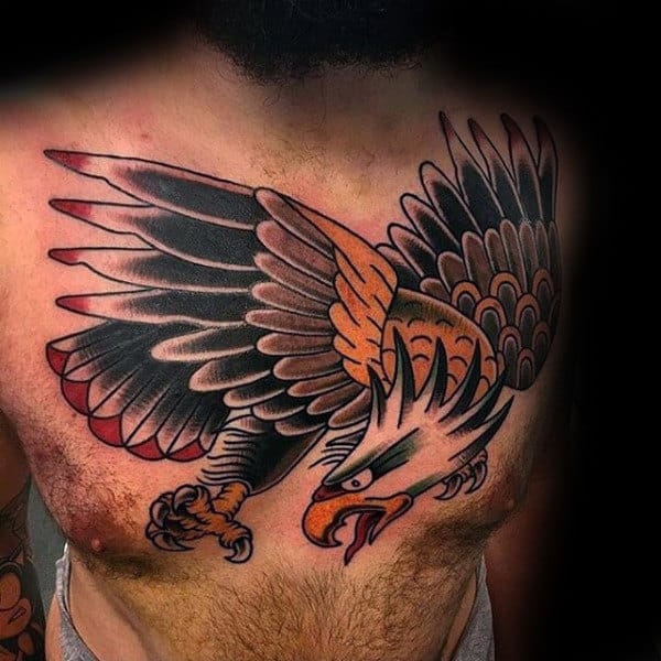 Traditional Chest Tattoo Design Of Eagle On Guys Upper Chest