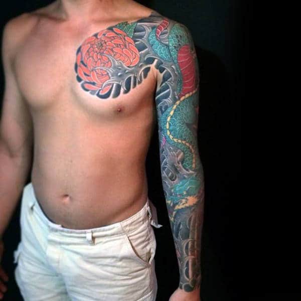 Traditional Chrysanthemum Flower With Snake Sleeve Tattoos For Men