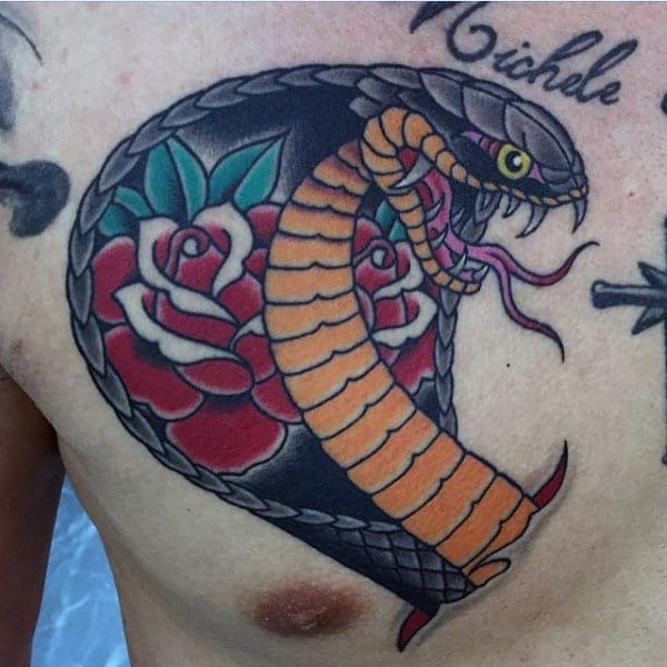 Traditional Cobra Mens Upper Chest Rose Flower Snake Tattoo Ideas