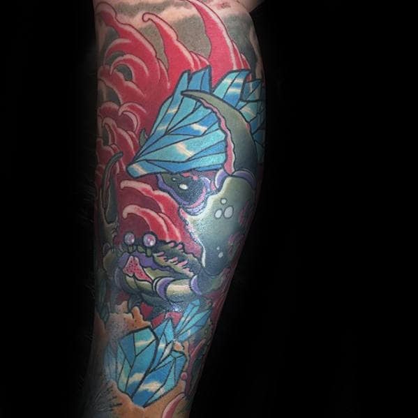 Traditional Crab With Blue Crystal Mens Leg Sleeve Tattoos