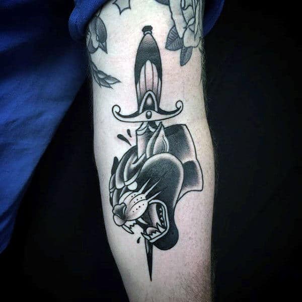 Traditional Dagger Panther Mens Thigh Tattoos