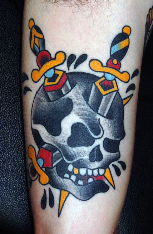 Traditional Dagger Through Skull Mens Arm Tattoo Design Ideas
