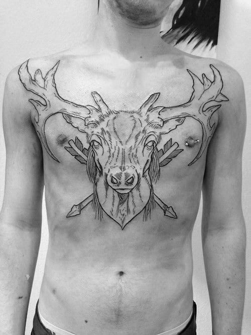Traditional Deer With Arrows Black Ink Outline Guys Chest Tattoo