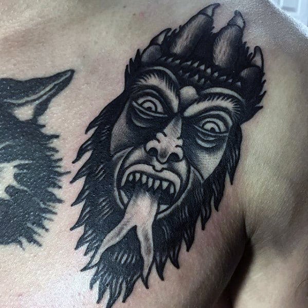 Traditional Devil Mens Black Ink Upper Chest Tattoo