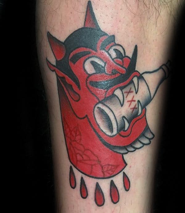 Traditional Devil With Beer Bottle Mens Small Arm Tattoo