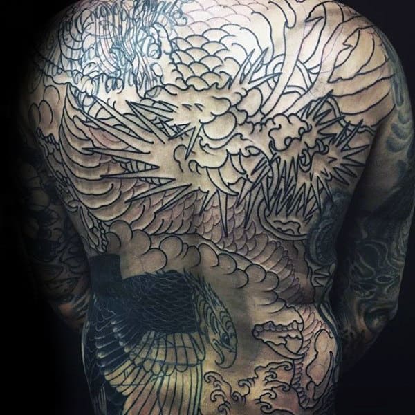 Traditional Dragon Full Back Male Black Ink Outline Tattoos