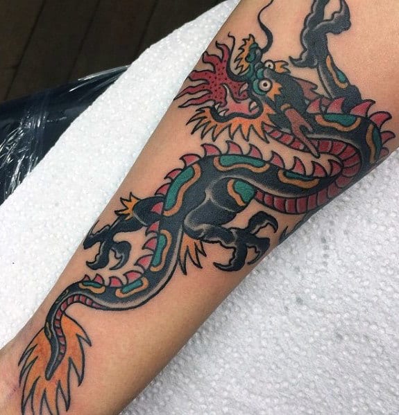 Traditional Dragon Old School Male Forearm Tattoo Ideas