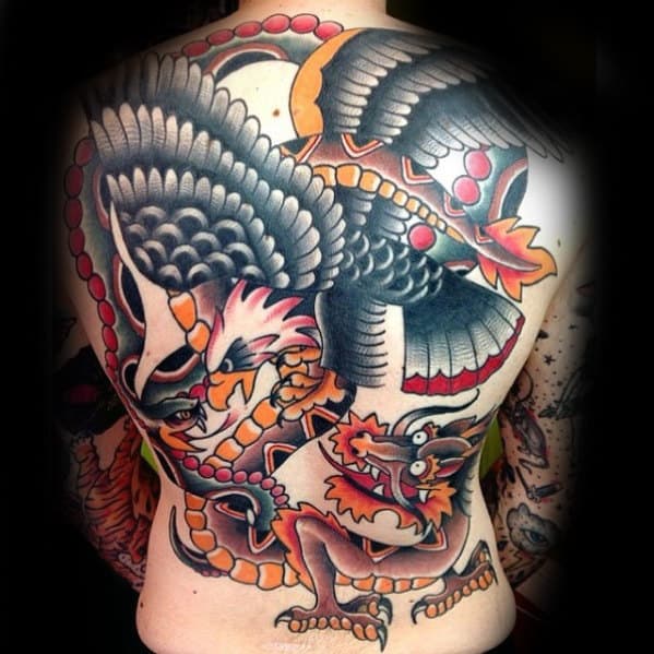 Traditional Dragon With Bald Eagle Mens Full Back Tattoos