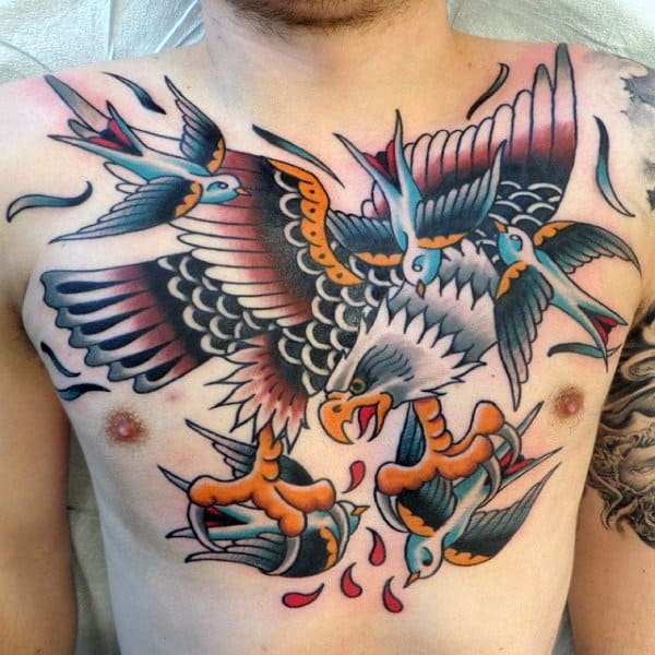 Traditional Eagle Sparrows Mens Chest Tattoos