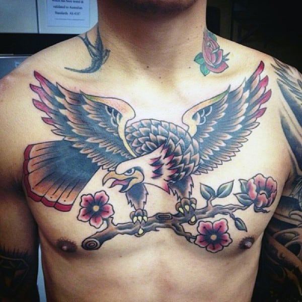 Traditional Eagle With Tree Branch Mens Masculine Old School Upper Chest Tattoos