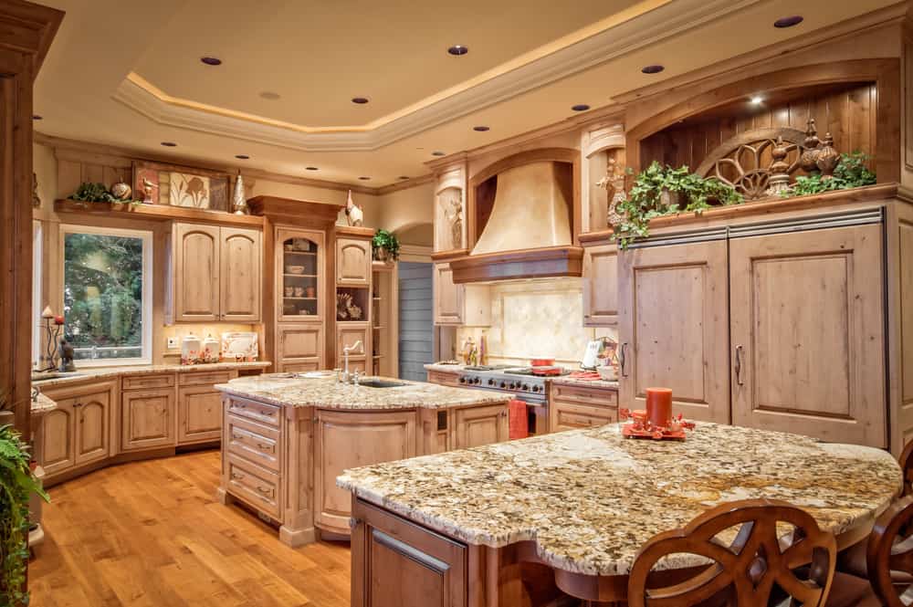 elegant traditional farmhouse wood cabinets two islands 