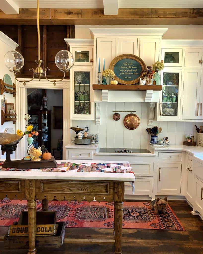 traditional farmhouse kitchen shiplap splashback white cabinets red floor rug with dog