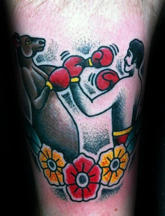Traditional Flower Boxer Kangaroo Tattoos For Gentlemen