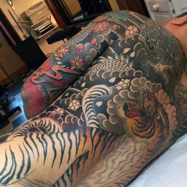 Traditional Full Back Japanese Tiger Male Tattoo