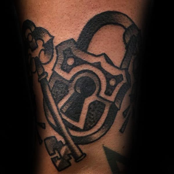 Traditional Guys Black Ink Lock And Key Old School Tattoos