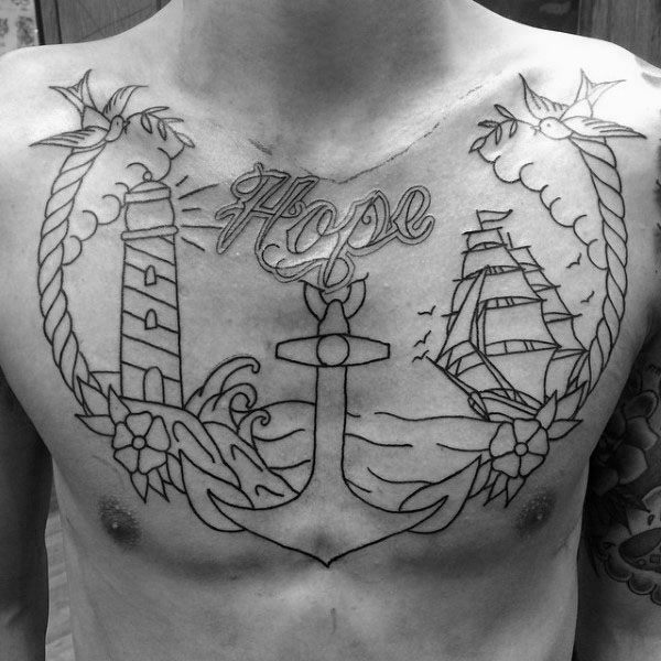 Traditional Guys Black Ink Outline Hope Ship Anchor And Lighthouse Chest Tattoos