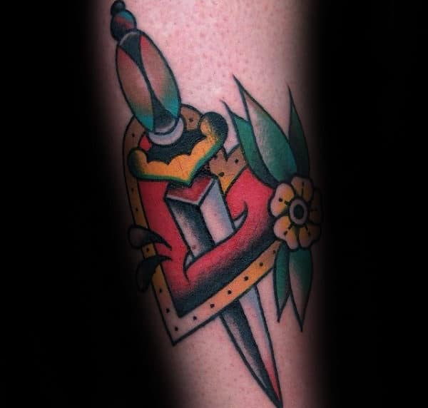 Traditional Guys Dagger Through Heart Tattoo Design Ideas On Forearm