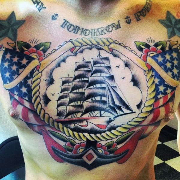 Traditional Guys Sailing Ship With Anchor Chest Tattoos