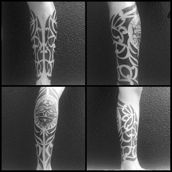 Traditional Guys Tribal Leg Tattoo With Hawaiian Sun Design