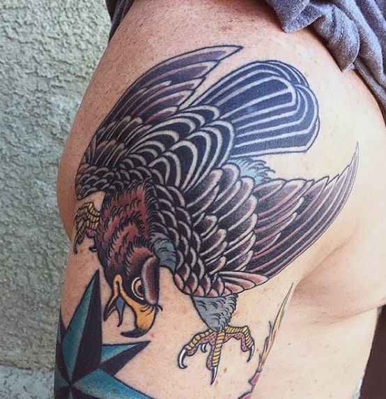Traditional Hawk And Star Tattoo On Shoulder For Gentlemen