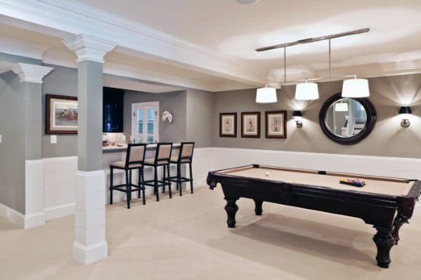 two tone white and gray basement wet bar pool table 