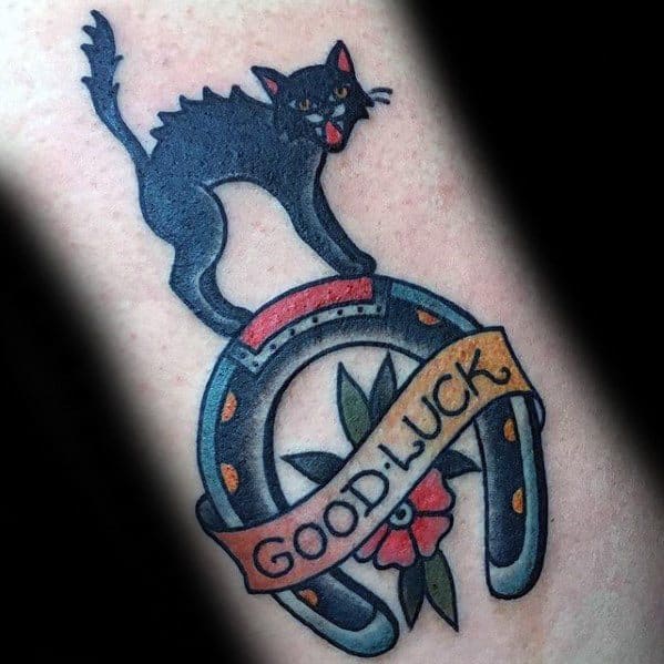 Traditional Horseshoe And Black Cat Good Luck Tattoos For Men