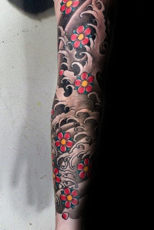 Traditional Japanese Cherry Blossom Mens Water Waves Sleeve Tattoos