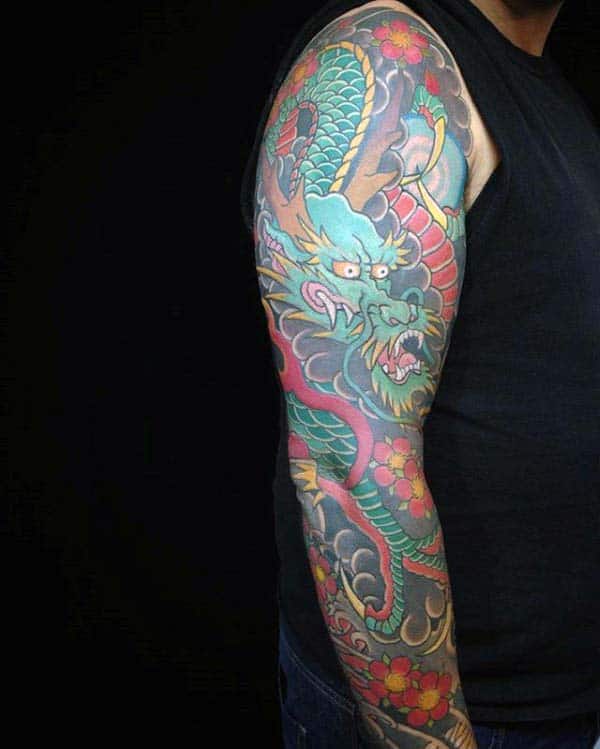 traditional-japanese-dragon-male-full-sleeve-colorful-tattoo-ideas