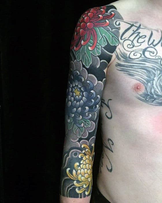 Traditional Japanese Flower Cloud Mens Half Sleeve Tattoo Ideas