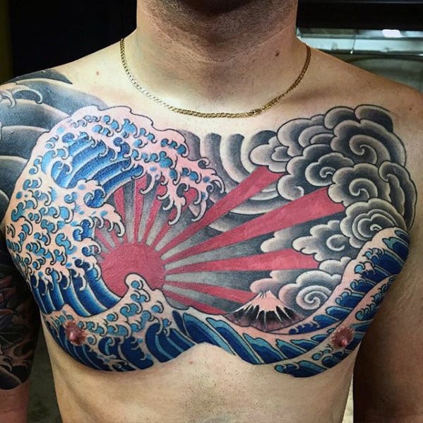 Traditional Japanese Great Wave With Rising Sun Mens Chest Tattoo