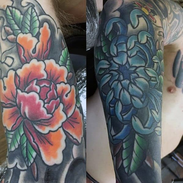Traditional Japanese Guys Flower Forearm Sleeve Tattoo