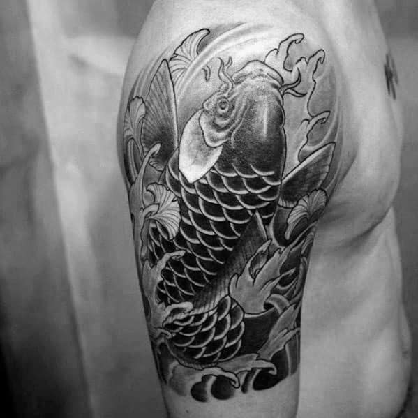 Traditional Japanese Male Half Sleeve Black And Grey Shaded Koi Fish Tattoos